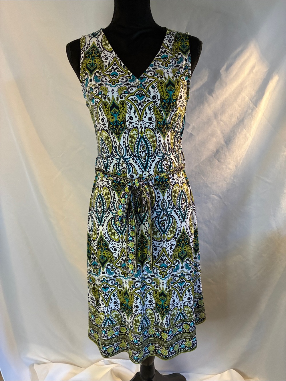 Apt. 9 Green and Blue Paisley Sleeveless wrap style fit & flare summer dress S